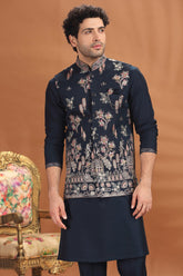 Navy Blue Silk Sequin Embroidered Kurta Pajama with Jacket